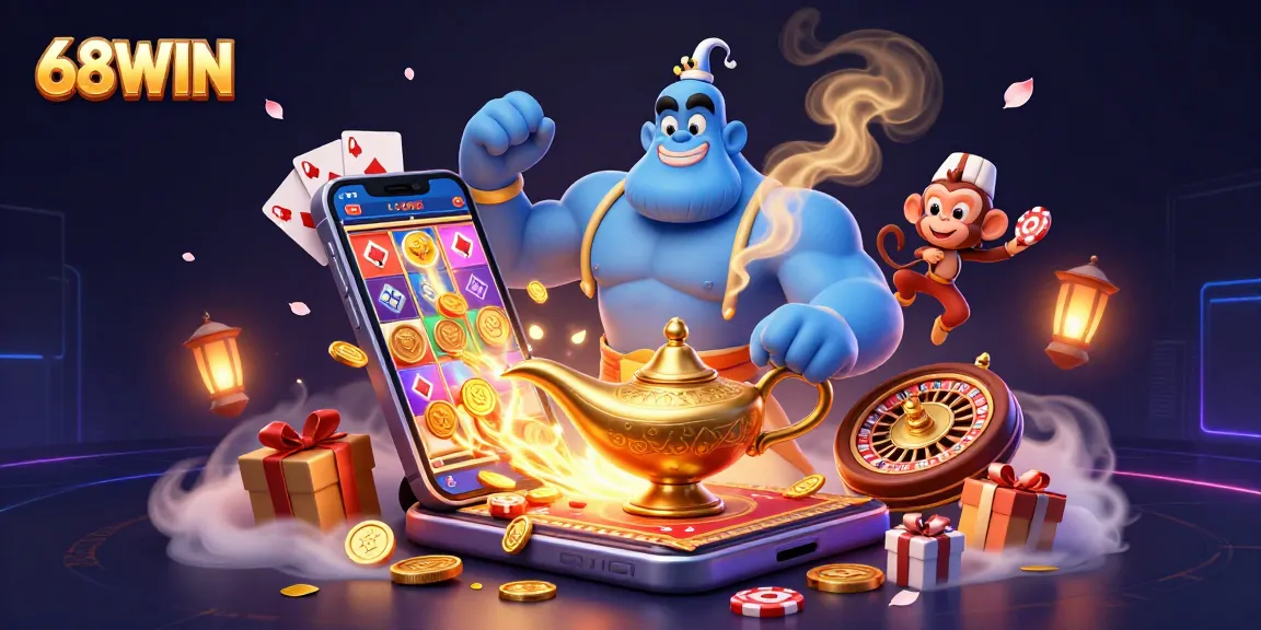 Experience thrilling gameplay with 68WIN's genie and magic carpet in an exciting casino atmosphere.