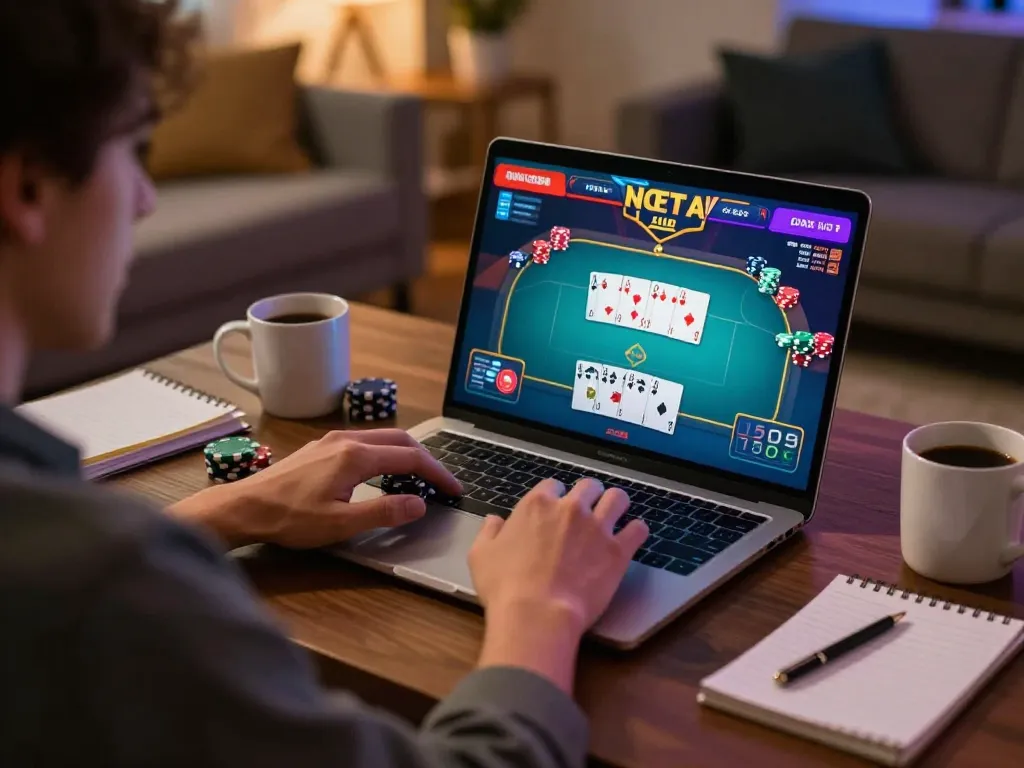 Player engaging in an online poker game at home using sumclub, showcasing strategy and excitement.