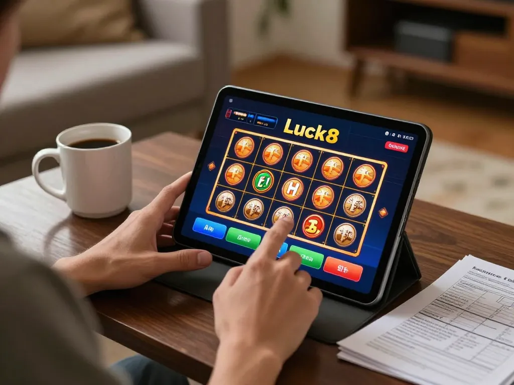 Player enjoying a mobile gaming session on Luck8 casino app, focused on strategy and game interface.