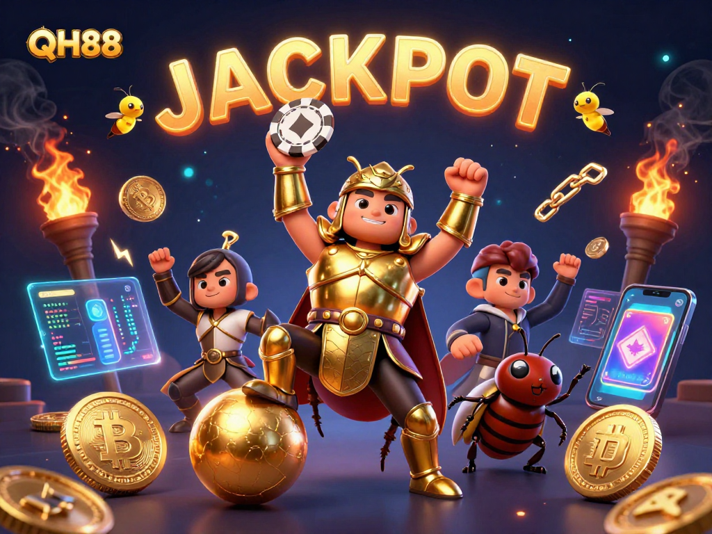 QH88 shines in this vibrant 3D illustration featuring a triumphant beetle and dynamic casino elements.