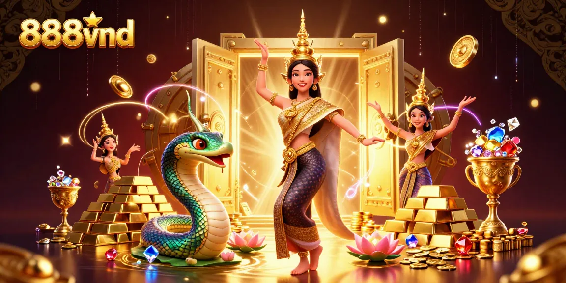 Experience the excitement of 888vnd with a stunning 3D casino illustration featuring treasures and vibrant characters.