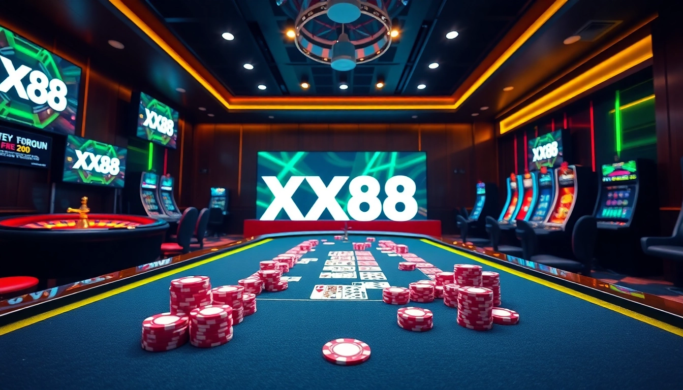 Experience the thrill of winning at XX88 with vibrant casino tables and modern slot machines.