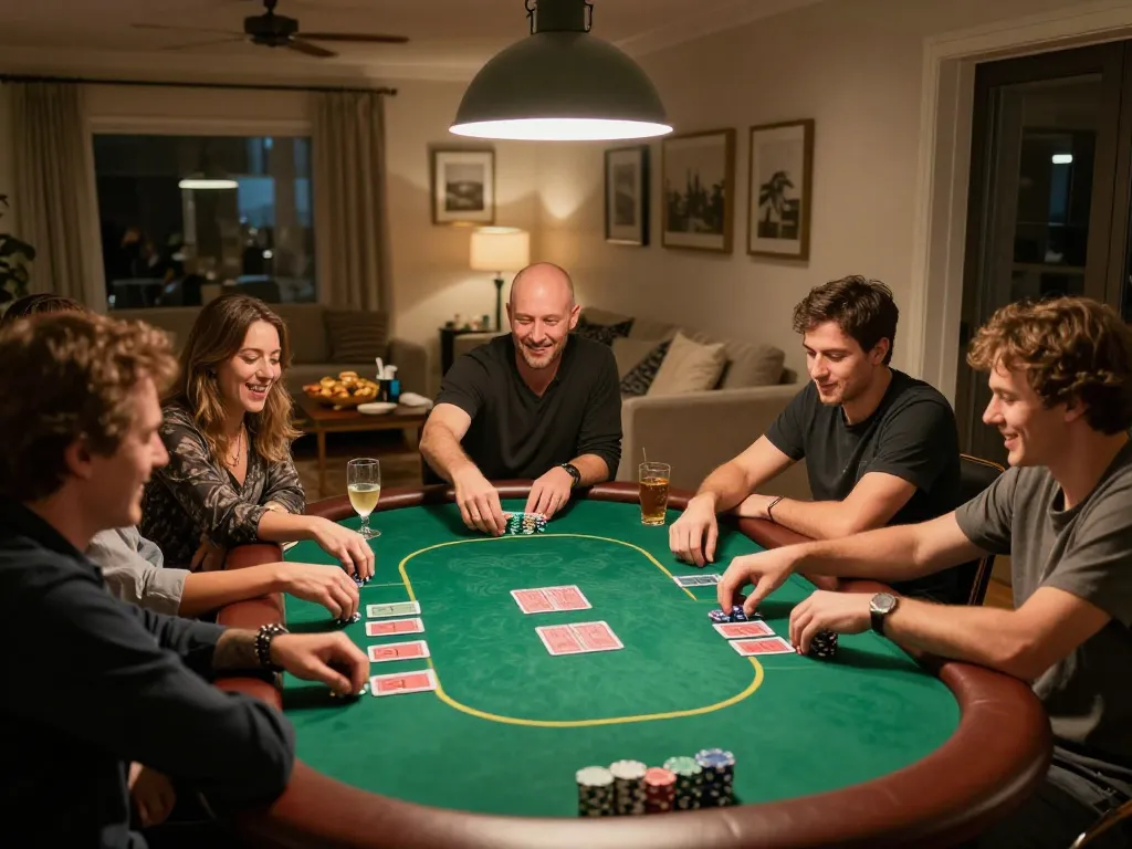 Friends enjoying a vibrant poker night at home, showcasing an engaging TR88 pics gameplay moment.