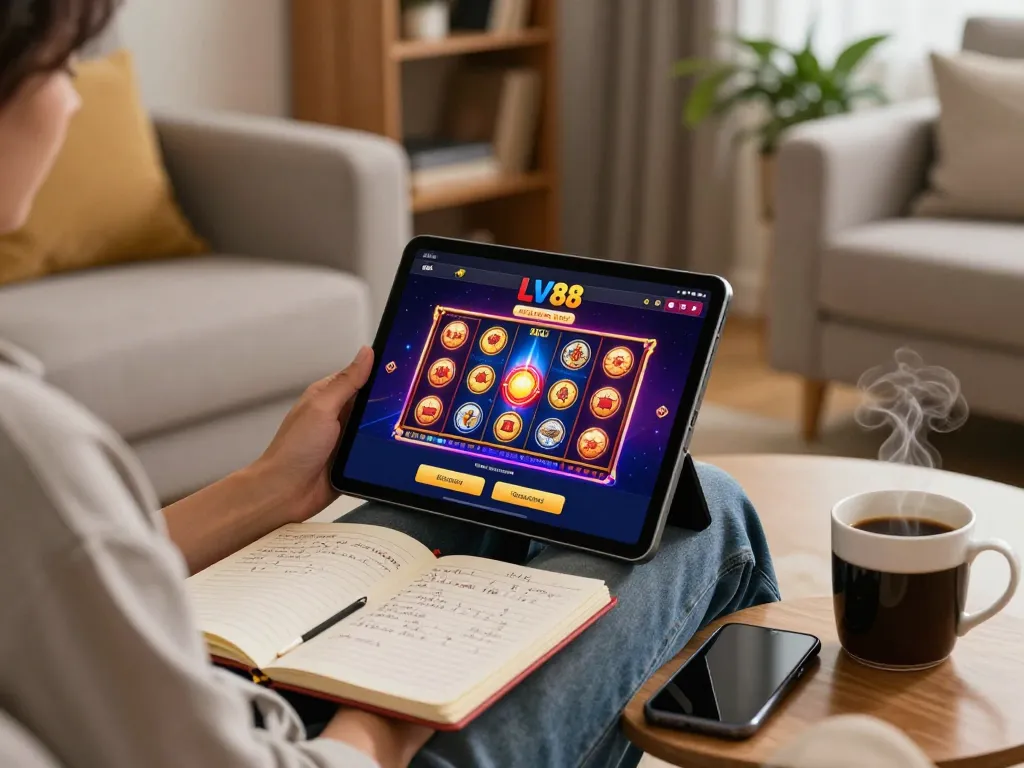 Playing slots on LV88's online platform with a cozy home setup