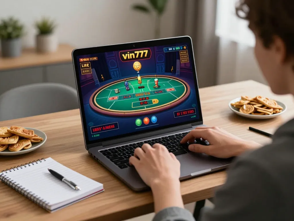 Engaging in strategic online gameplay on vin777 with laptop and notes in a cozy home environment.