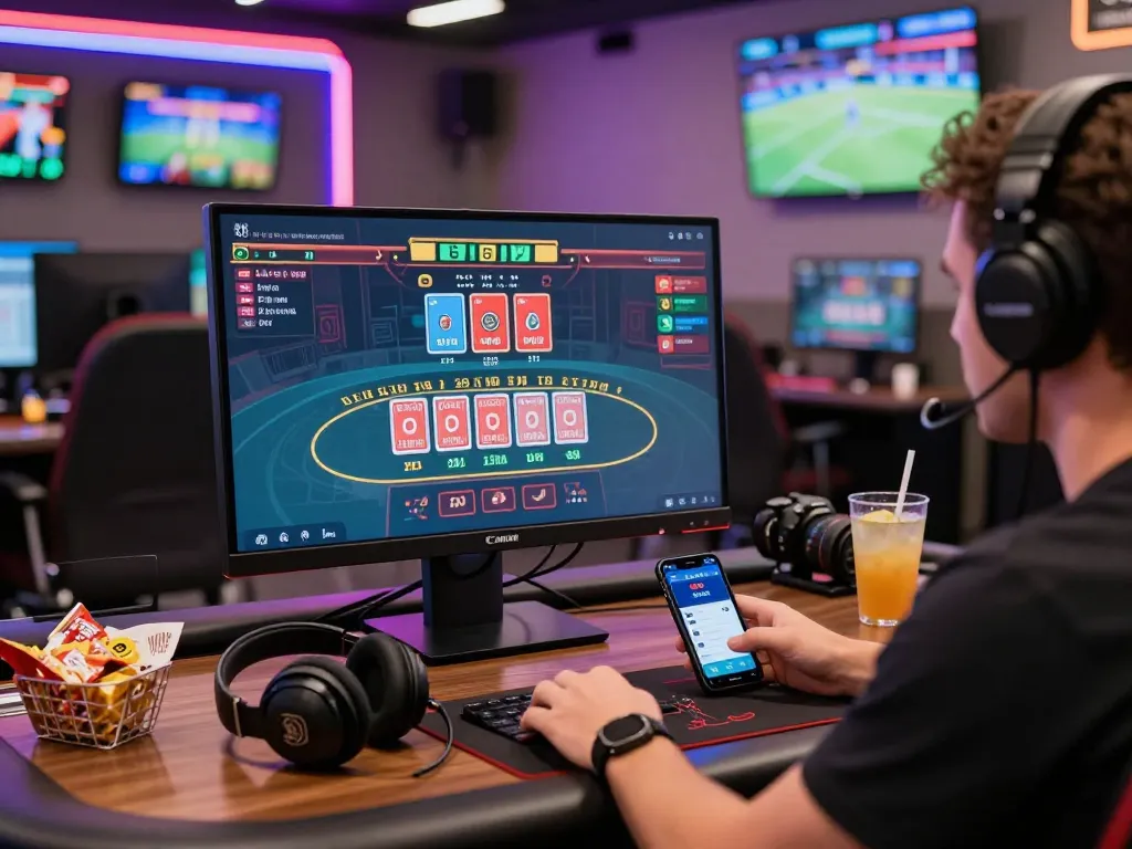 Engaging online gaming setup featuring sc88 live casino interface, vibrant LED lights, and gaming accessories.