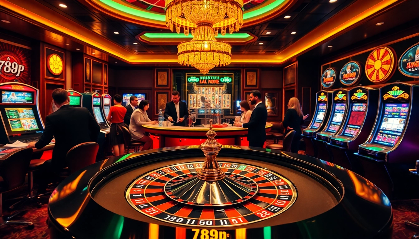Players enjoying a thrilling roulette game at 789p casino with vibrant slot machines in the background.