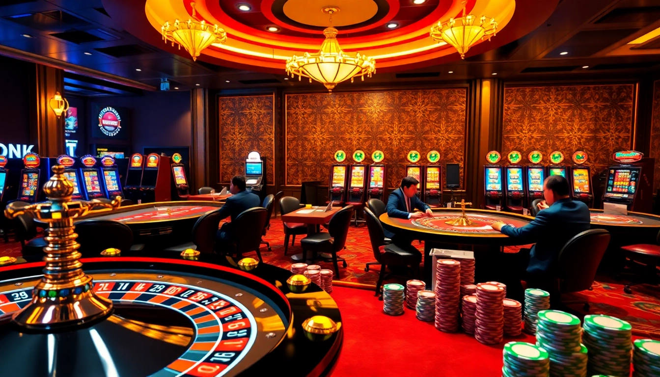 Gamblers strategize at a SODO casino table, surrounded by vibrant slot machines.