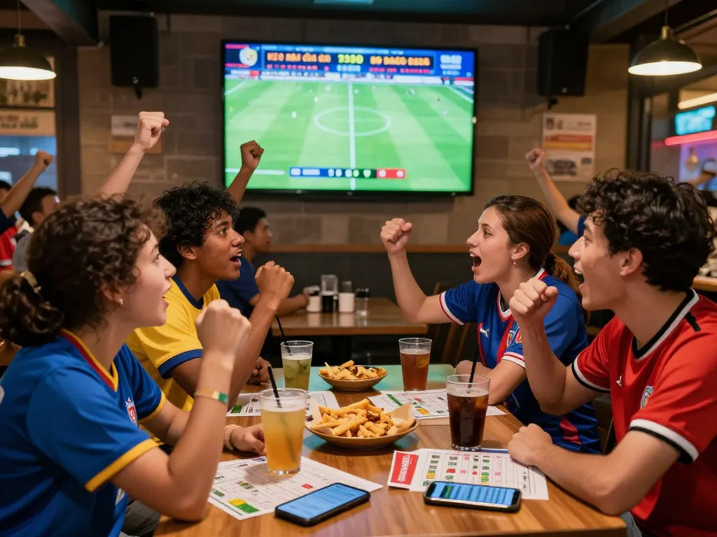 Fans excitedly discussing kèo nhà cái bóng đá in a vibrant sports bar during a live football match.