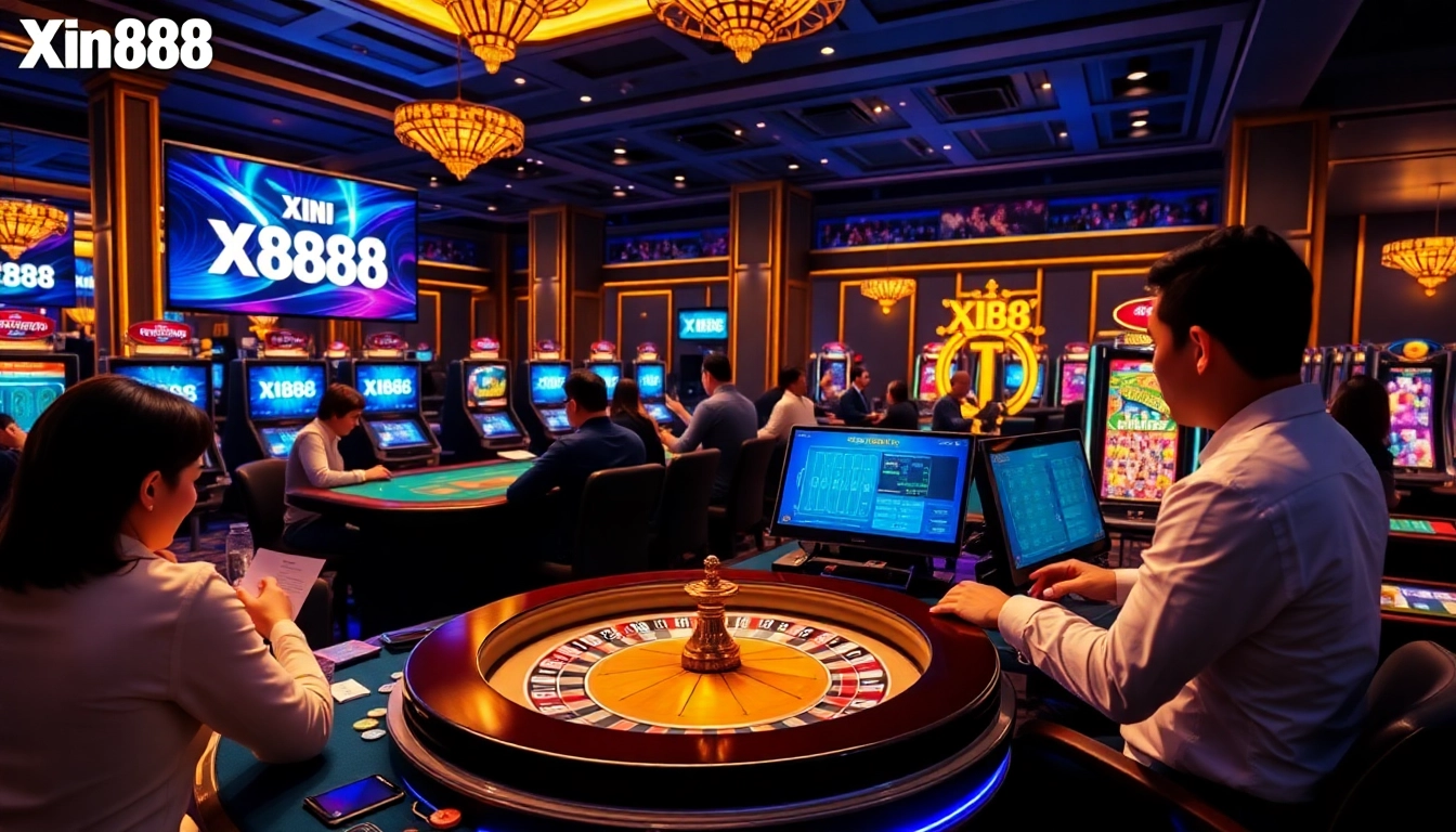 Exciting Xin88 online casino scene showcasing players at gaming tables and slot machines.