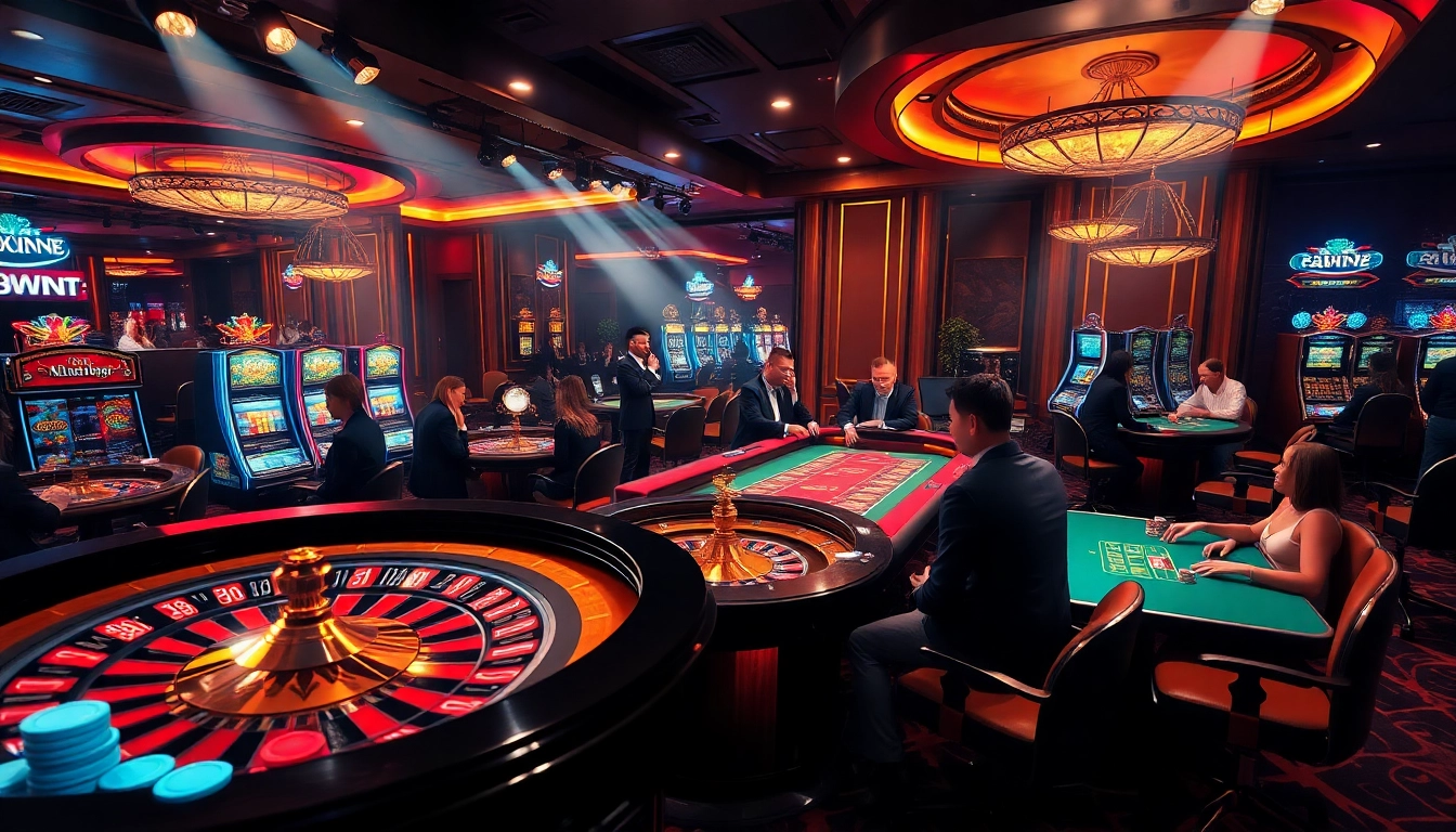 Experience the thrill of betting at nhà cái 58WIN in a luxurious casino ambiance with vibrant gaming tables.