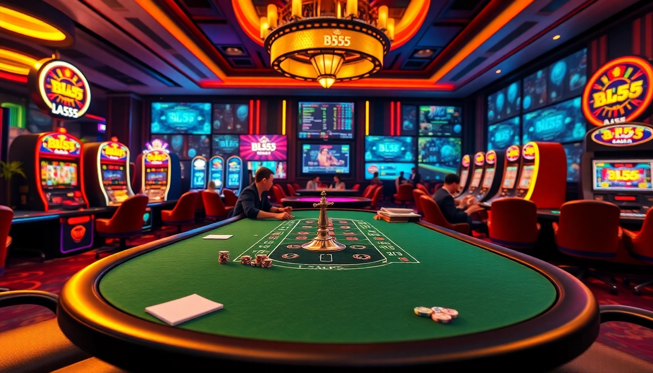 Experience the excitement of BL555 with engaging casino games at a vibrant poker table surrounded by dynamic slot machines.