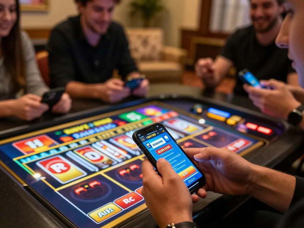 Engaging players enjoying Bay789 online casino app, placing bets in a vibrant home setting.