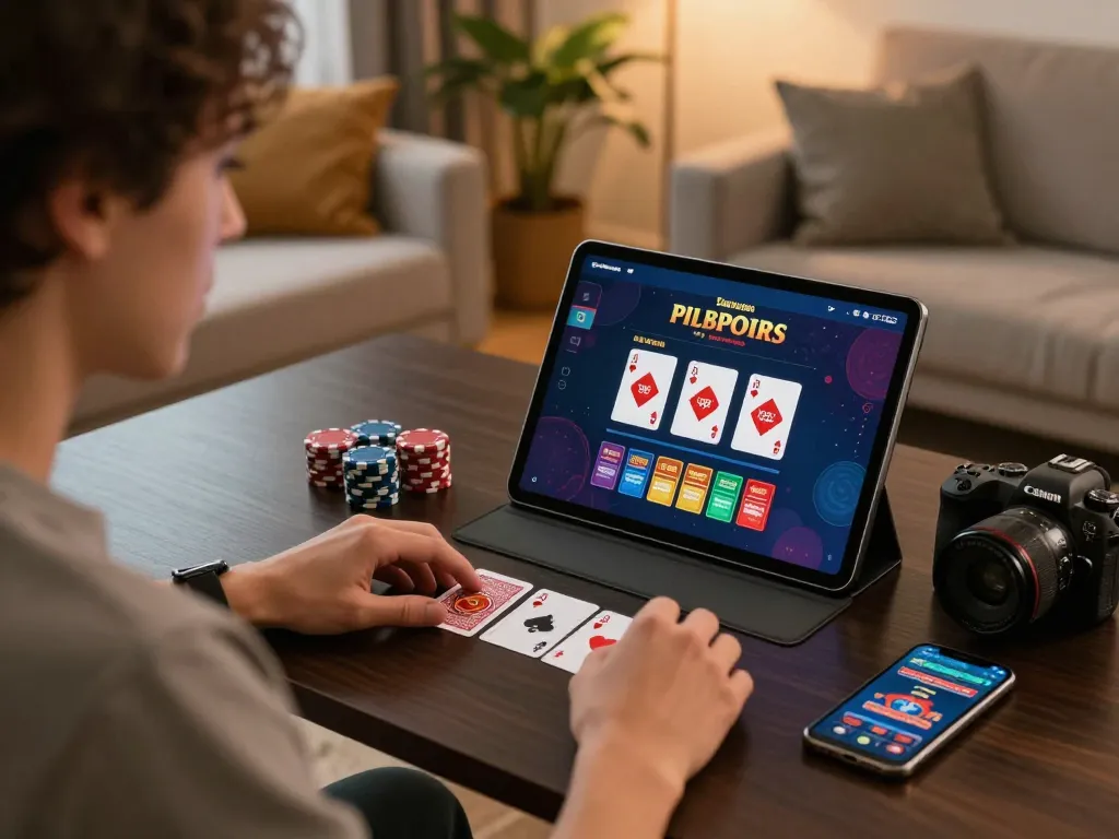 Engage in dynamic online gaming at https://9bet.works/ with blackjack on a tablet in a cozy setting.