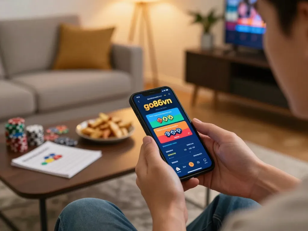 Player enjoying go86vn mobile casino game on smartphone in a cozy living room with strategy notes.