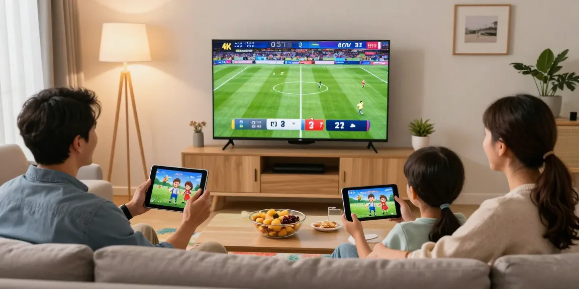 Family enjoying their IPTV subscription UK experience with live sports and animated shows.