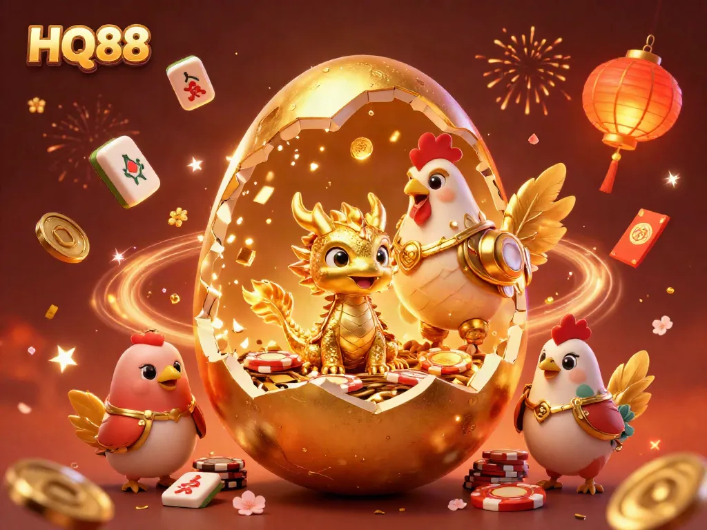 Experience thrilling wins at HQ88 featuring a golden dragon amidst vibrant gambling elements.