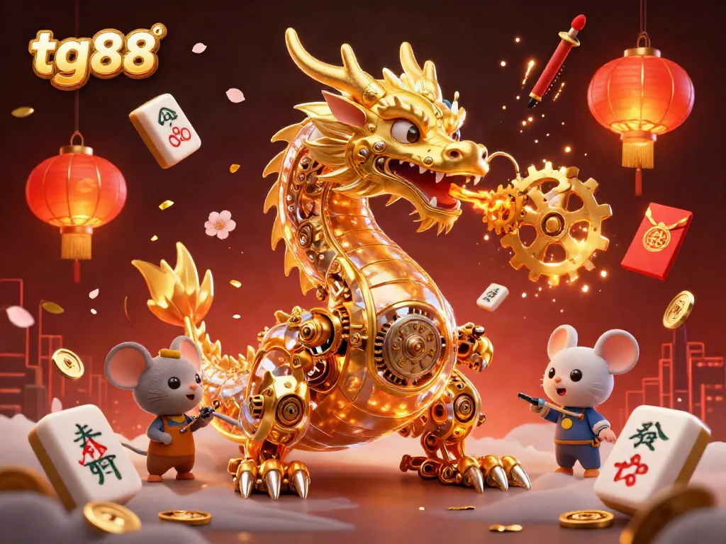 Participate in thrilling games at tg88 with a stunning golden dragon surrounded by festive elements.