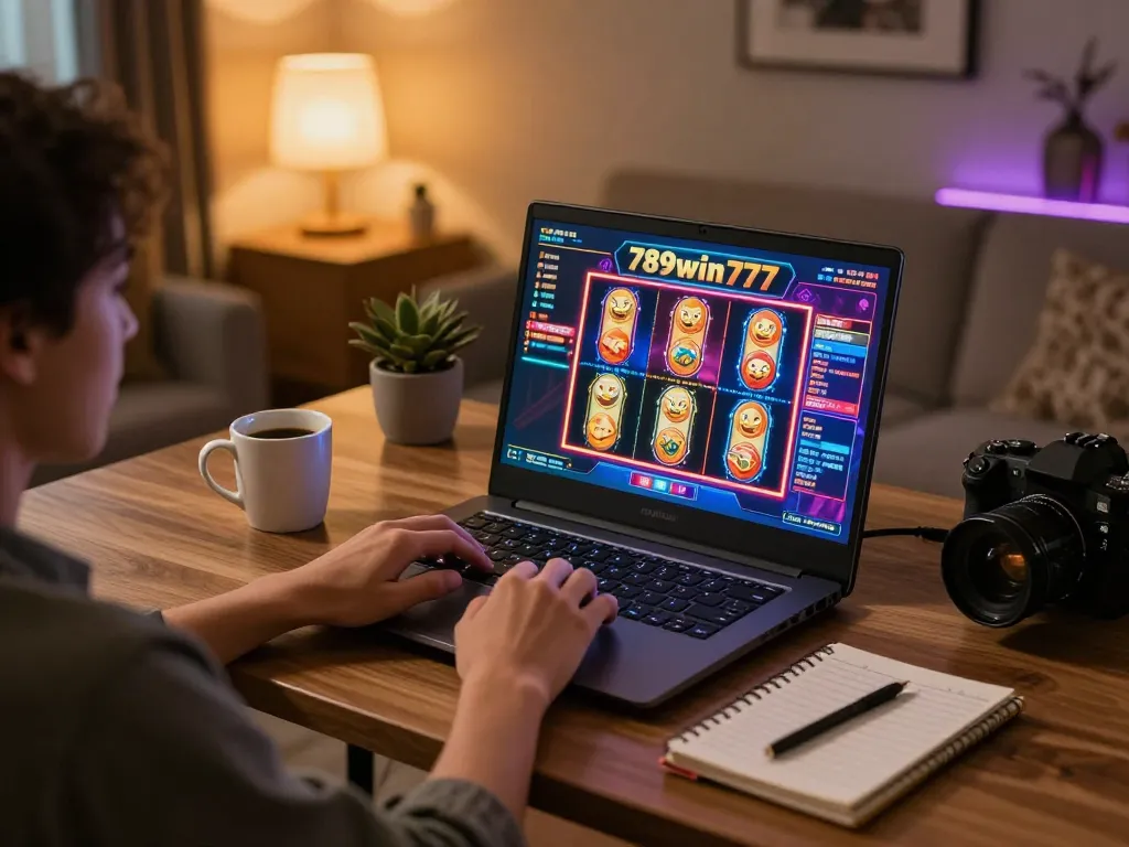 Player engages in an exciting online game at 789win777 using a laptop in a cozy environment.
