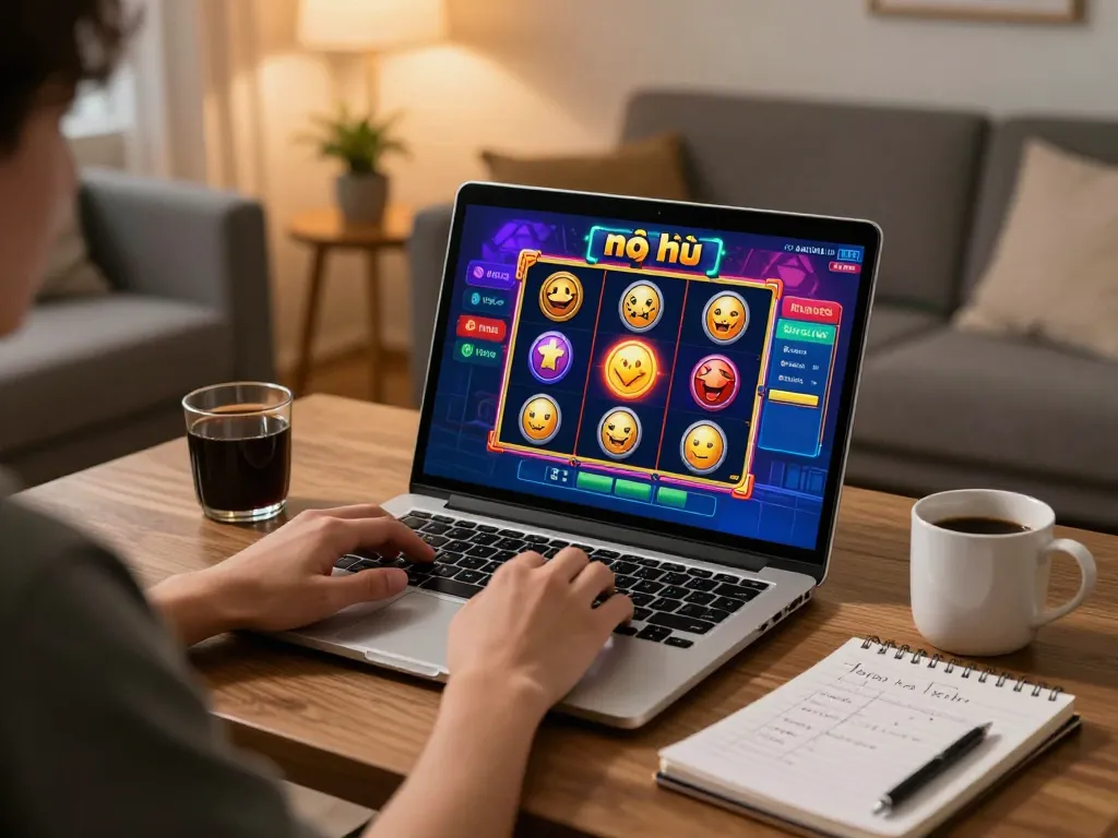 Engaging in nổ hũ gameplay on a laptop in a cozy living room, showcasing online casino excitement.