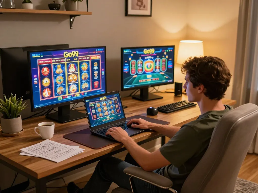 Engaging in Go99 casino gameplay from a stylish home setup, showcasing a vibrant gaming interface and cozy atmosphere.