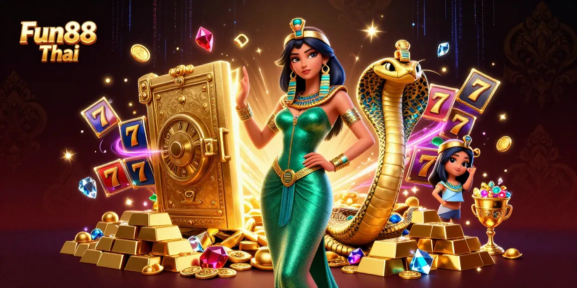 Engage with Fun88 Thai as a captivating online casino featuring vibrant slots and luxurious golden elements.