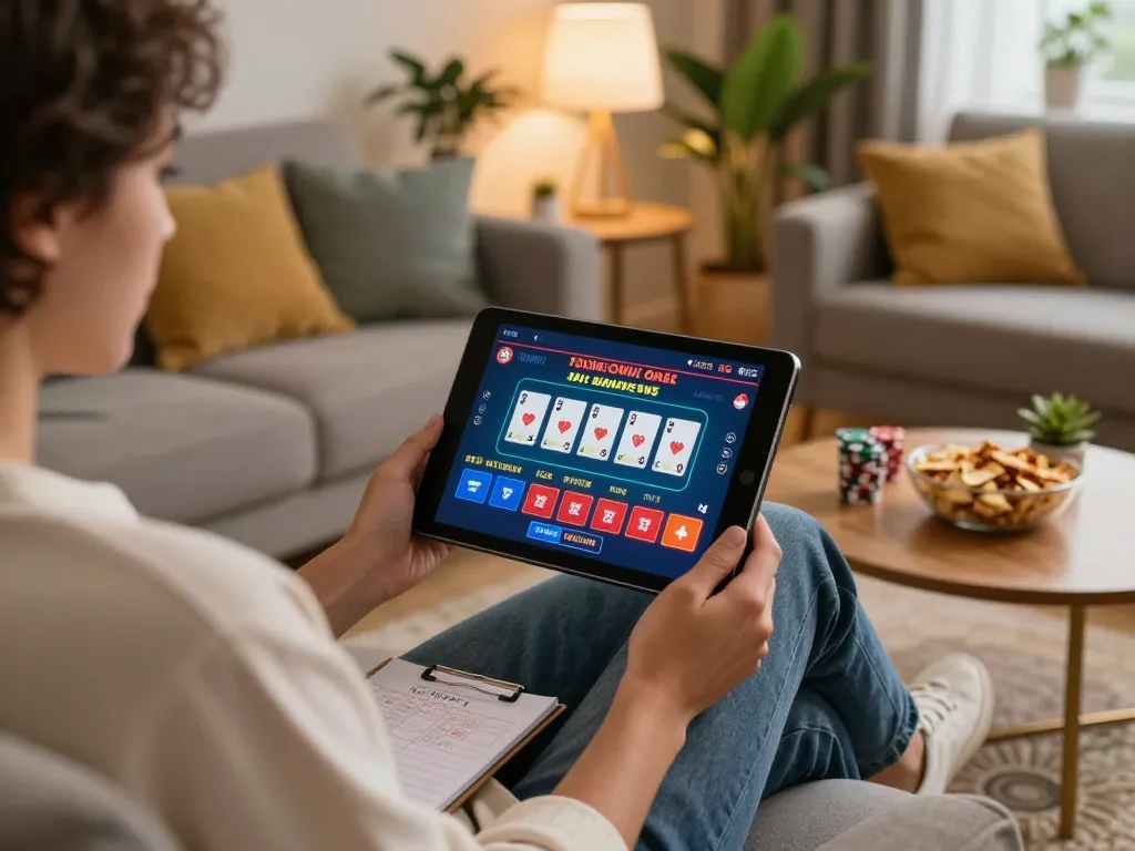 Player enjoying online gaming at nhà cái onbet on a cozy sofa, showcasing casino interface and strategy notes.