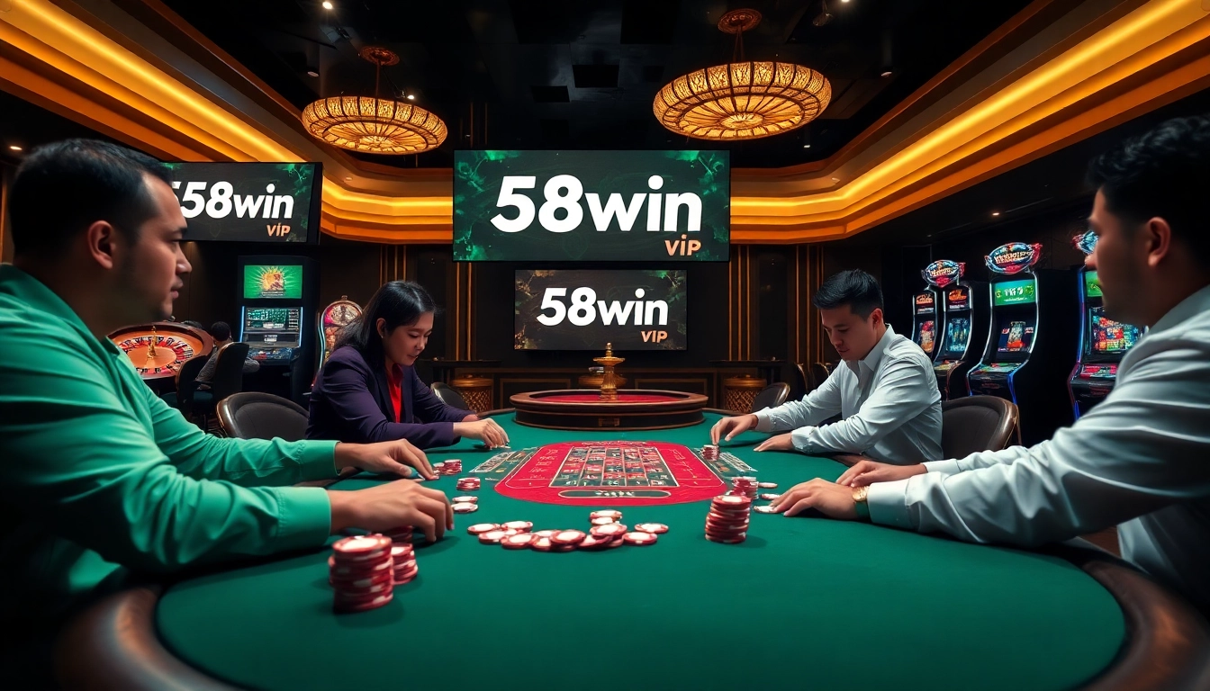 A thrilling poker game at 58win vip casino, showcasing intense play and vibrant atmosphere.