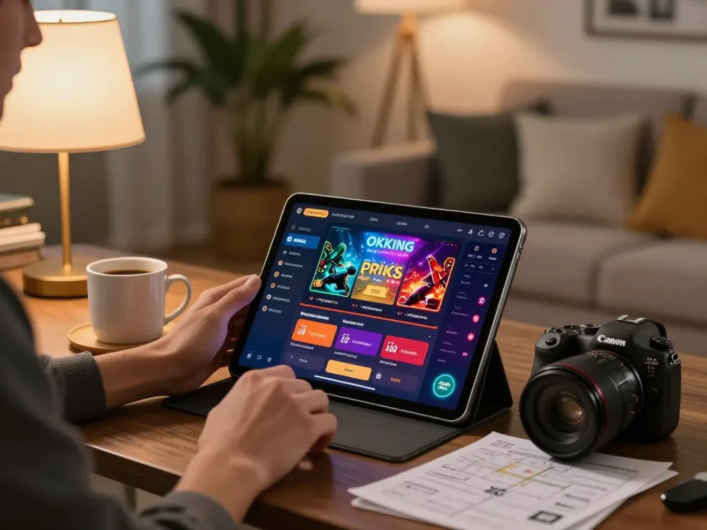 Person enjoying the okking online gaming experience on a tablet in a cozy living room.