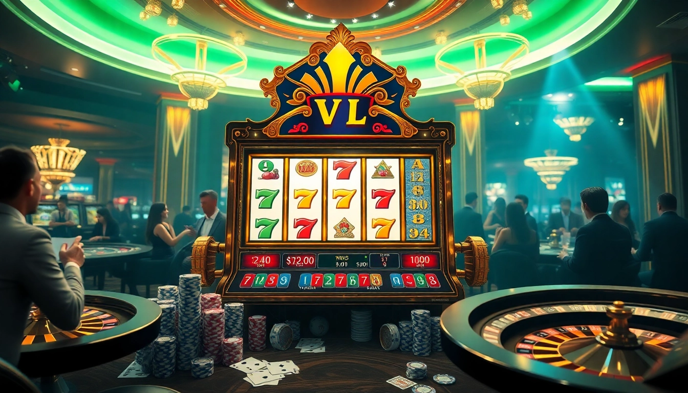 Players engaging with the vvjl online slot machine in a vibrant casino setting, showcasing excitement and luxury.
