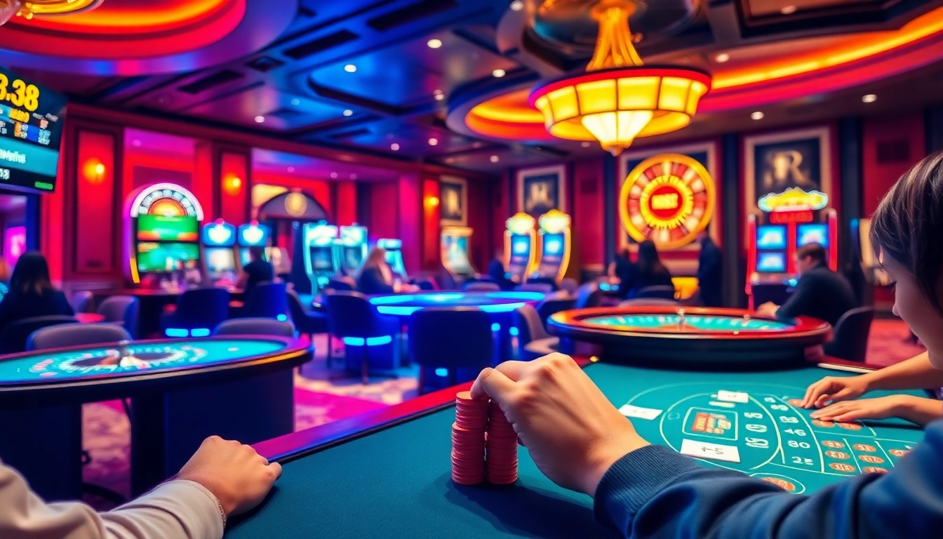 HB88 players in an exciting casino scene, engaging in high-stakes games with chips and cards.