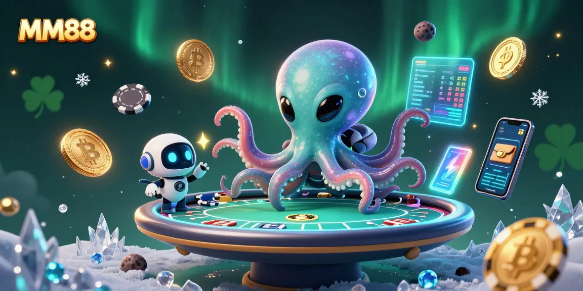 Experience thrilling poker with MM88, featuring a vibrant alien octopus and exciting cryptocurrency elements.