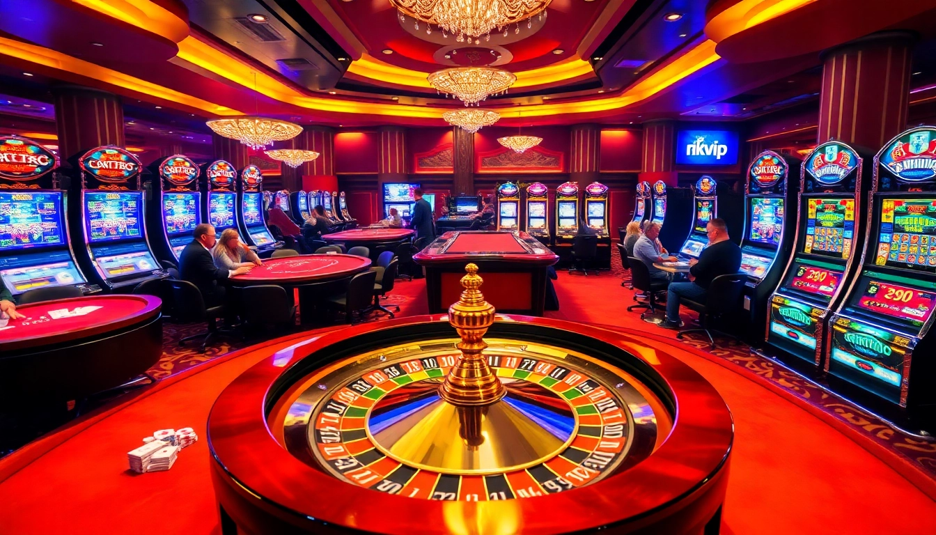rikvip players enjoying a lively casino atmosphere with roulette and slot machines
