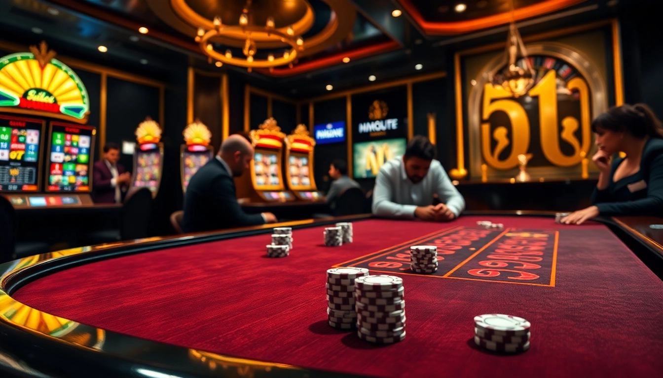 Immersive gambling scene at mmoo.de.com with poker and slot machines, showcasing luxury and excitement.