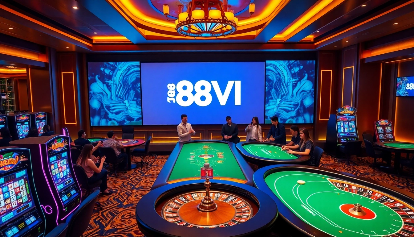 Players engaging in online gambling excitement featuring 888VI casino tables and digital interfaces.