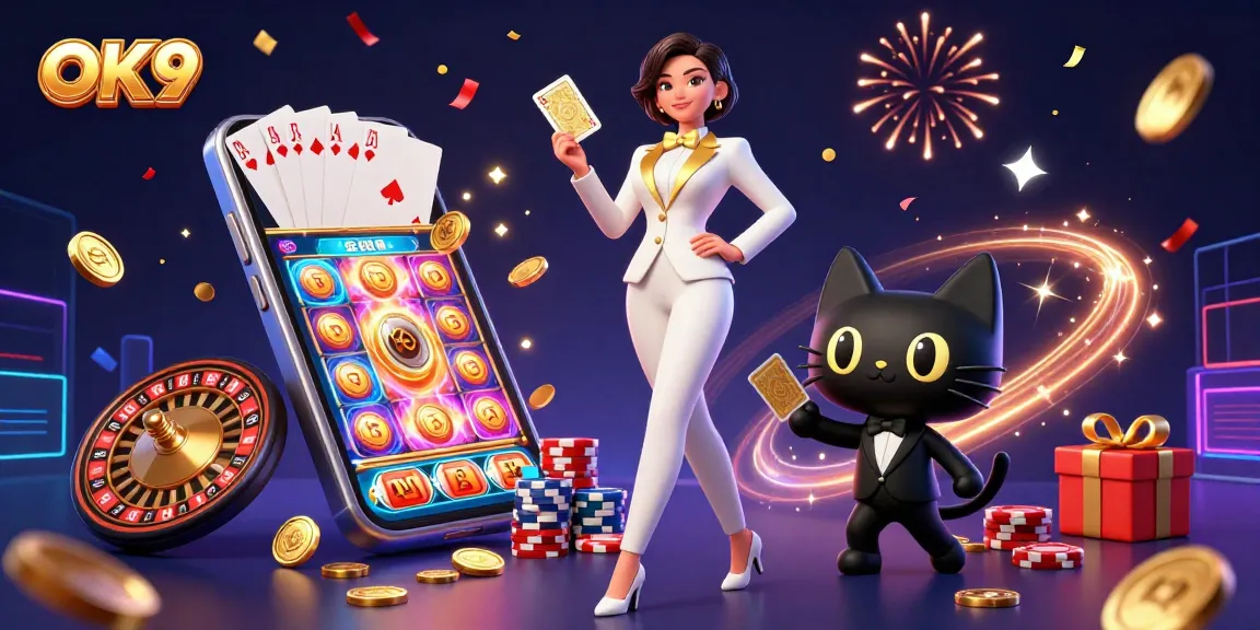 Engage with the exciting world of OK9 casino games while shuffling cards in a vibrant scene.