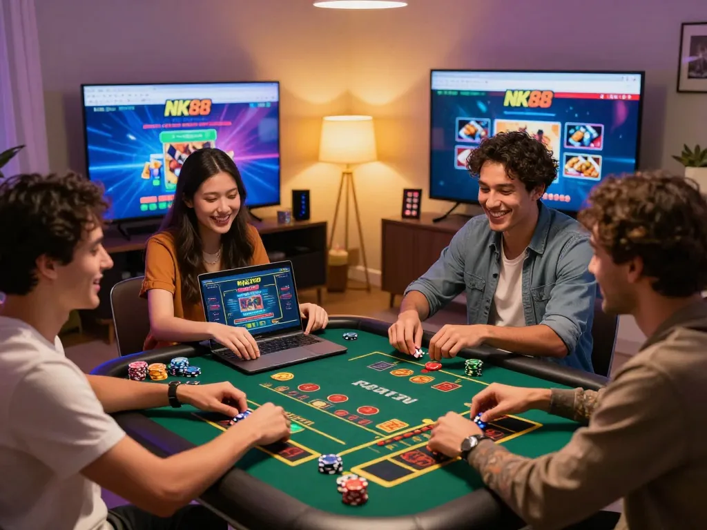 Friends enjoying NK88 love while playing online casino games in a lively home setting.