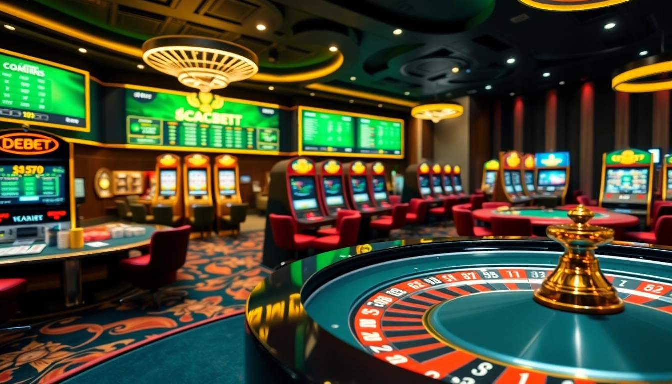 Engaging players at a high-stakes debet casino table while experiencing vibrant slot machines and roulette action.