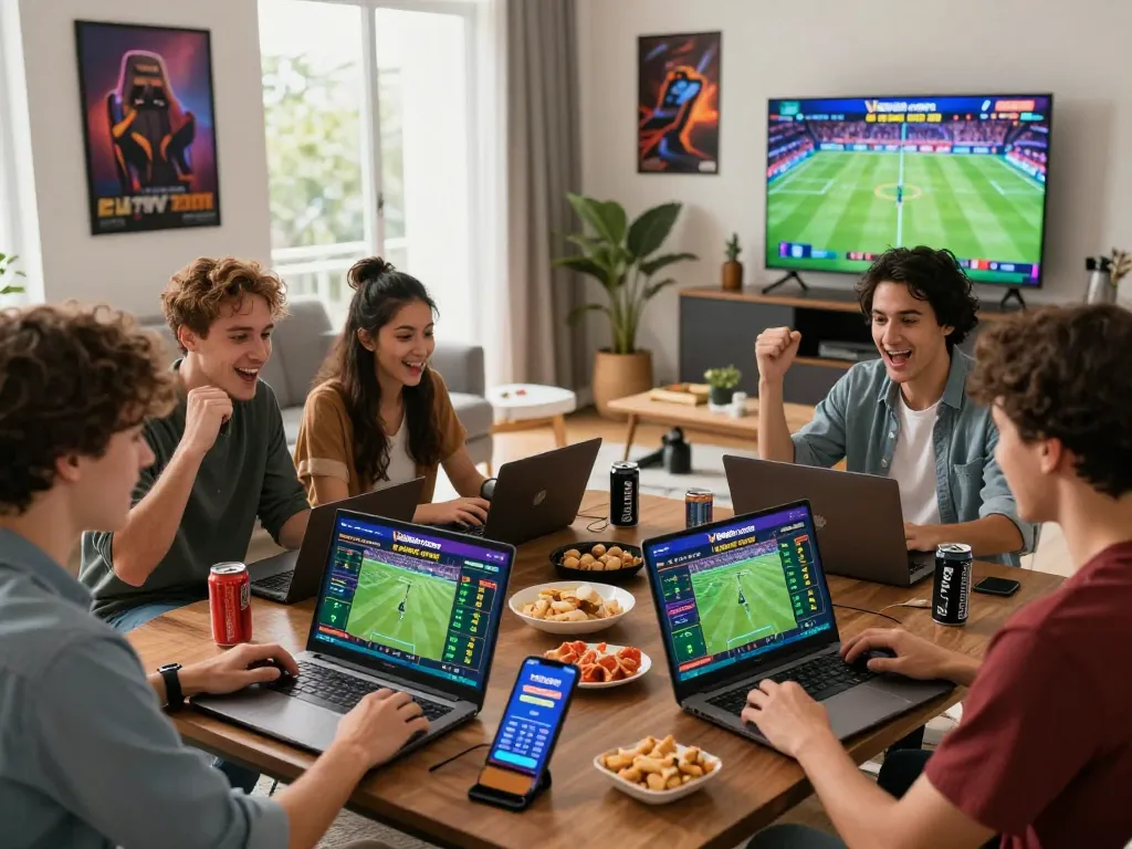 Friends placing bets on Vsbet in a lively home gaming session with screens showing sports odds.