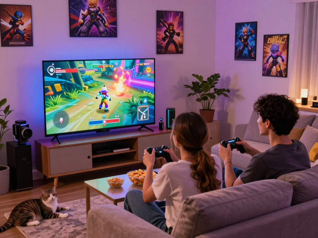 Couple playing game sex video game on TV in a cozy living room.