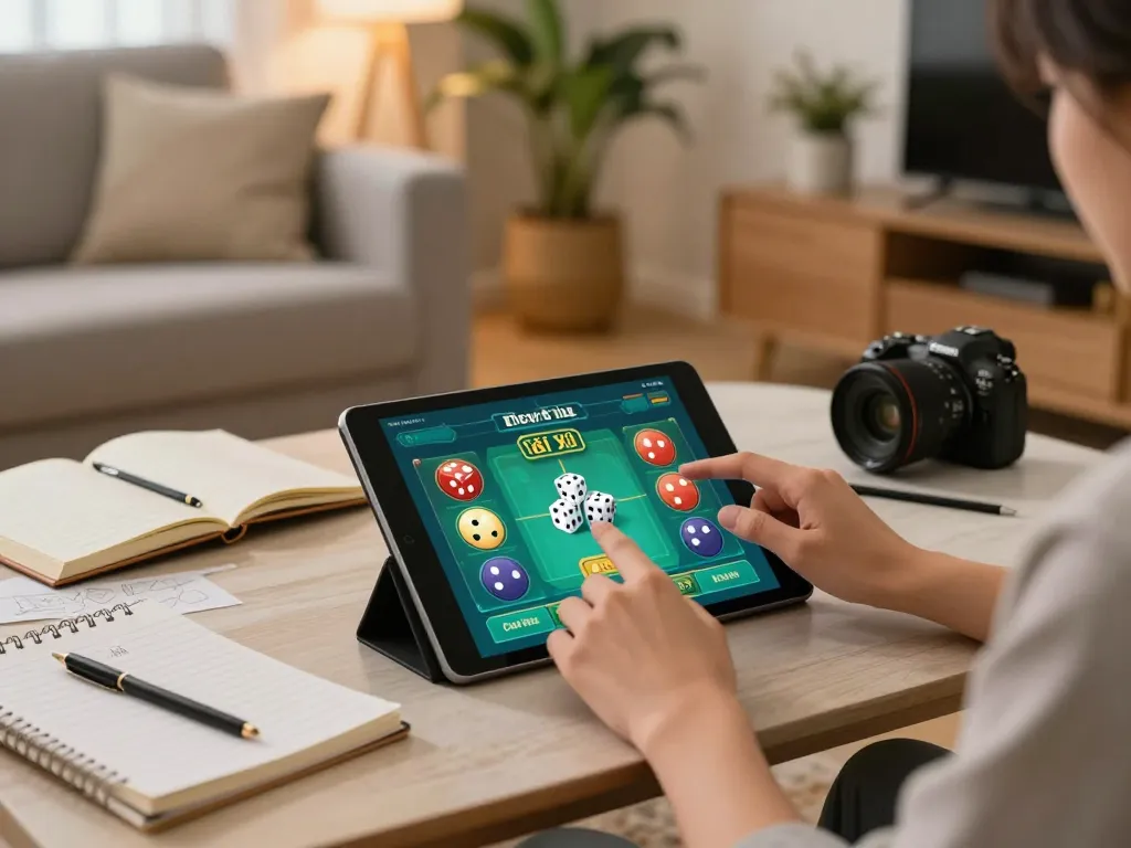 Engaging with the app tài xỉu online uy tín on a tablet in a cozy home setting with strategy notes visible.