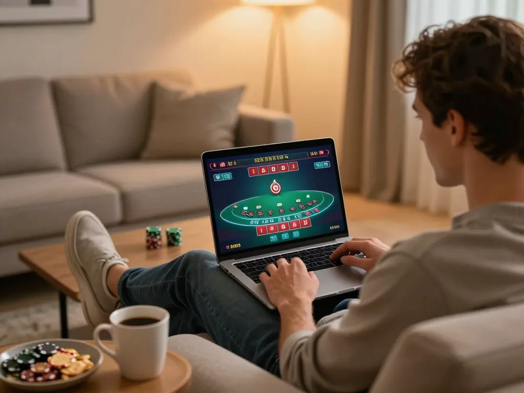 Engaged player strategizing in online fly88 blackjack game from a cozy home setup.