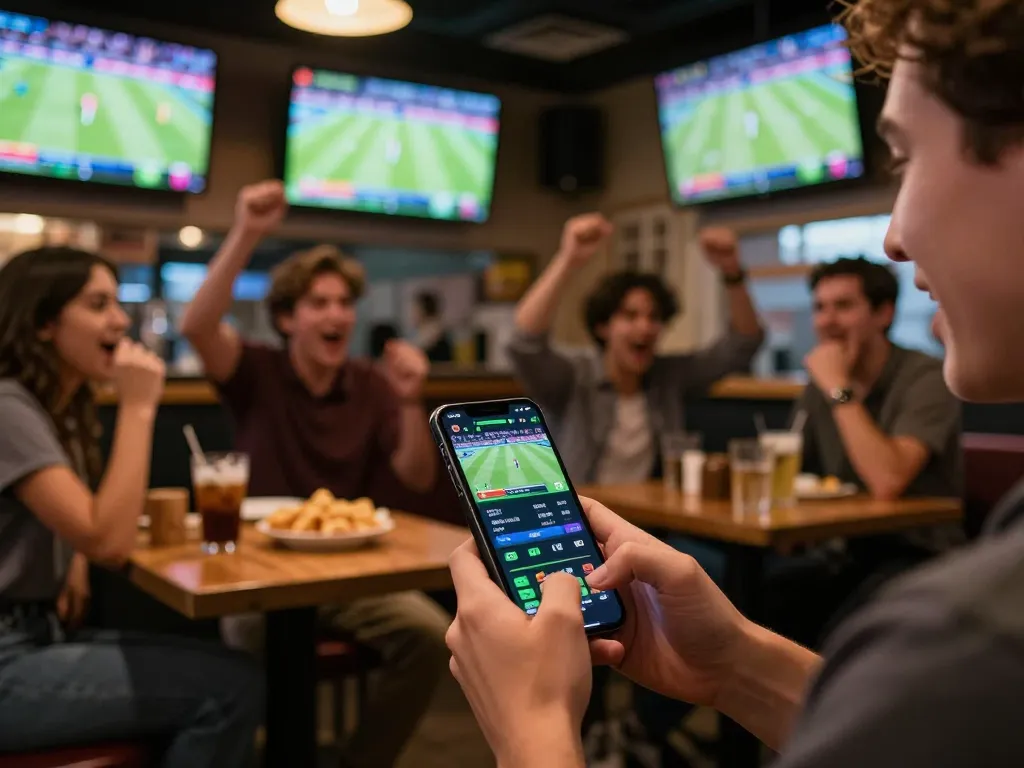 Experience sports betting excitement at VS555 Bangladesh with friends in a vibrant sports bar.