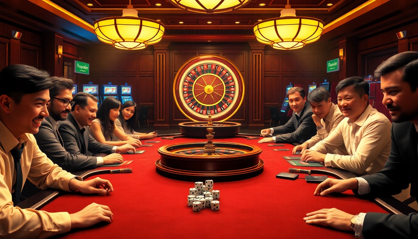 Experience the thrill of gambling at Chợ Truyện with professional players at poker tables in a vibrant casino.