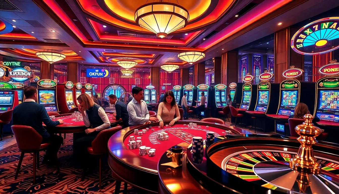 Exciting gaming scene at okfun.com with vibrant casino tables and engaged players.