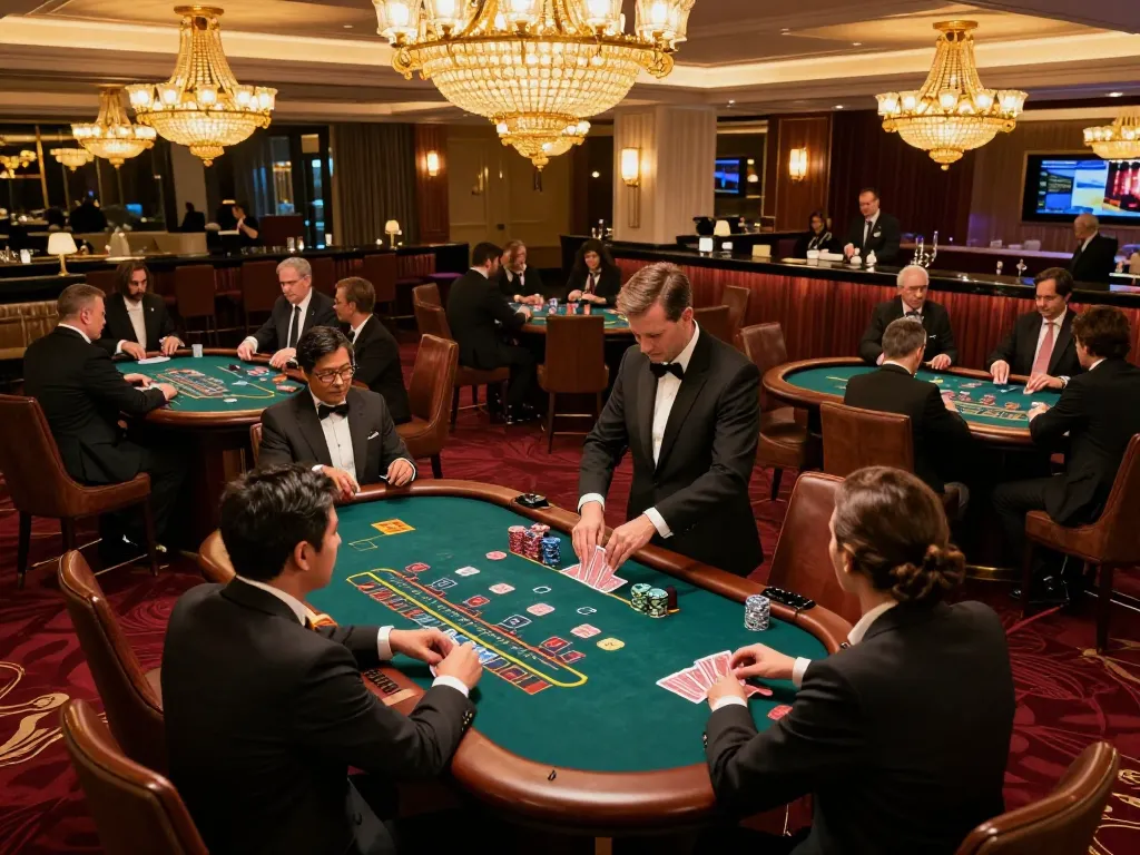 Players engage in strategic bets at a luxurious VA88 blackjack table in an upscale casino