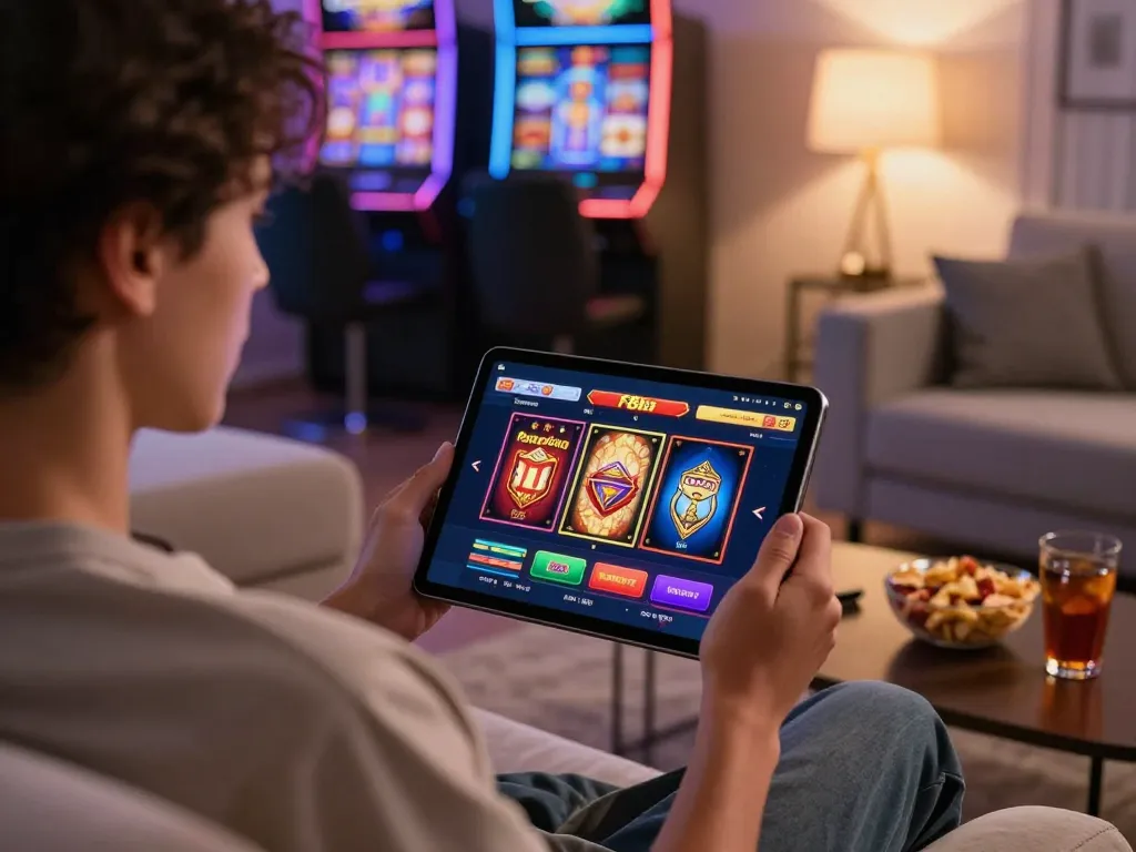 Player enjoying F8bet online casino gaming on a tablet in a cozy living room setting.