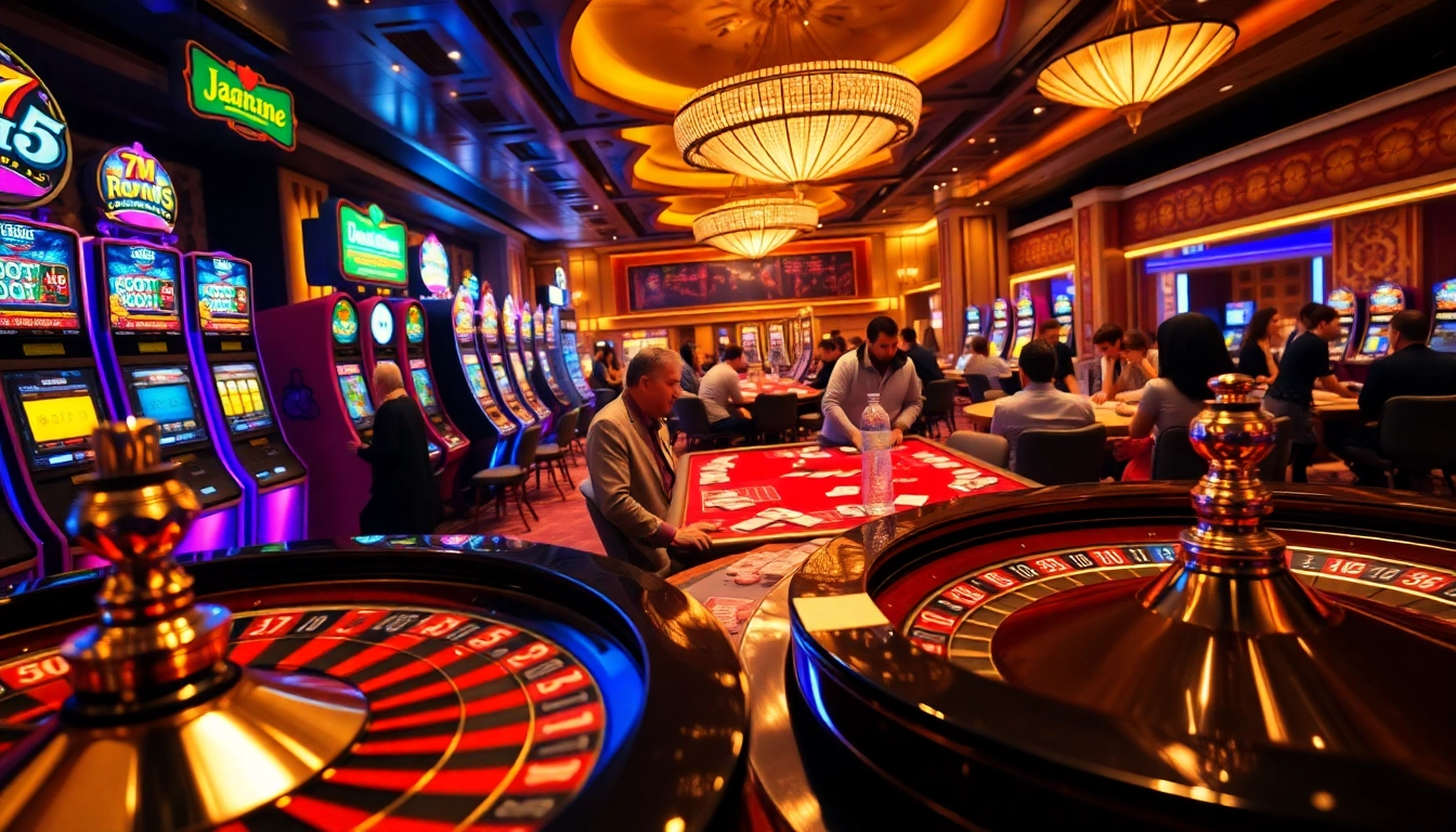 Gambling excitement at a casino showcasing 7M slot machines and poker tables.