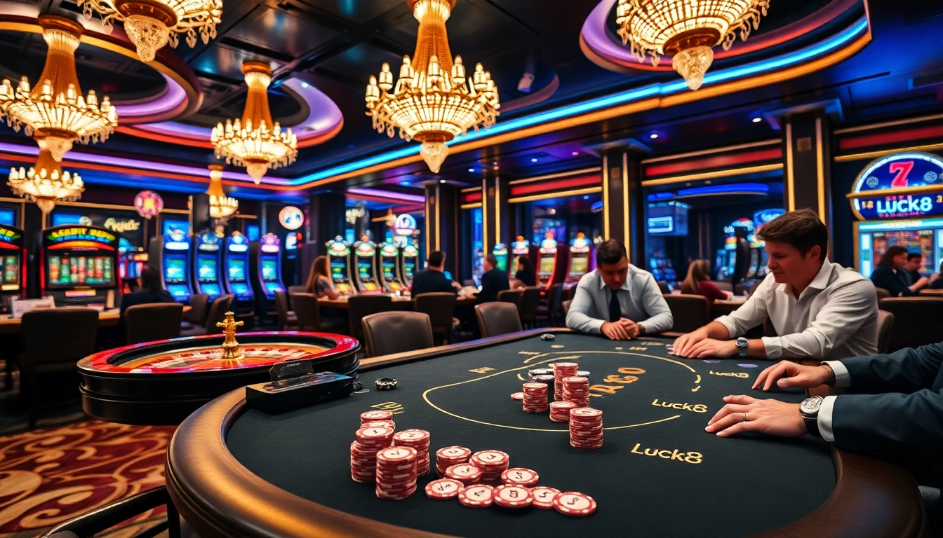 Luck8 players engaging at a poker table in a luxurious casino environment.