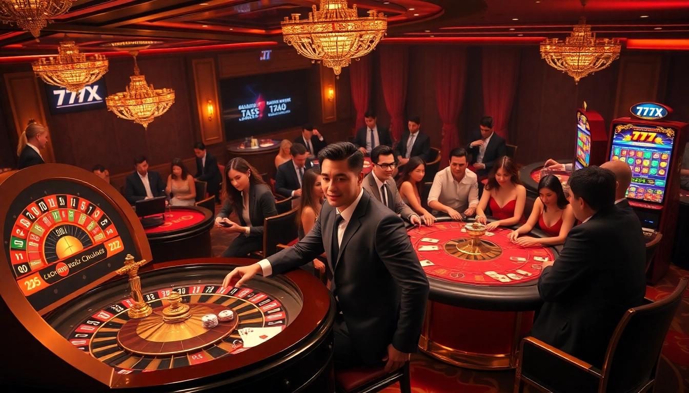 Excited players enjoy thrilling games at 777X's luxurious casino floor with vibrant tables and slot machines.
